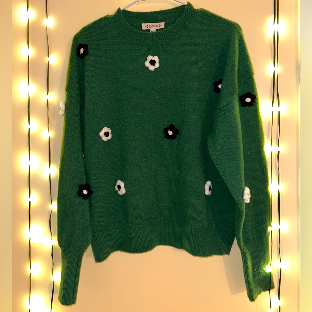 Nanette Lepore Sweater. L. Kelly Green. Crewneck. Flower Pom Pom.